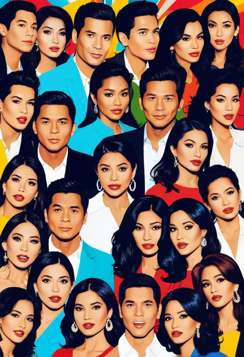 A vibrant collage of famous Filipino celebrities caught in scandalous moments with exaggerated expressions. Incorporate a background of flashbulbs and silhouettes of paparazzi capturing the drama. Include elements like gossip magazines and social media icons for a modern twist. Emphasize bold colors and dynamic layouts to showcase the excitement of the entertainment scene. vector art. vibrant colors.