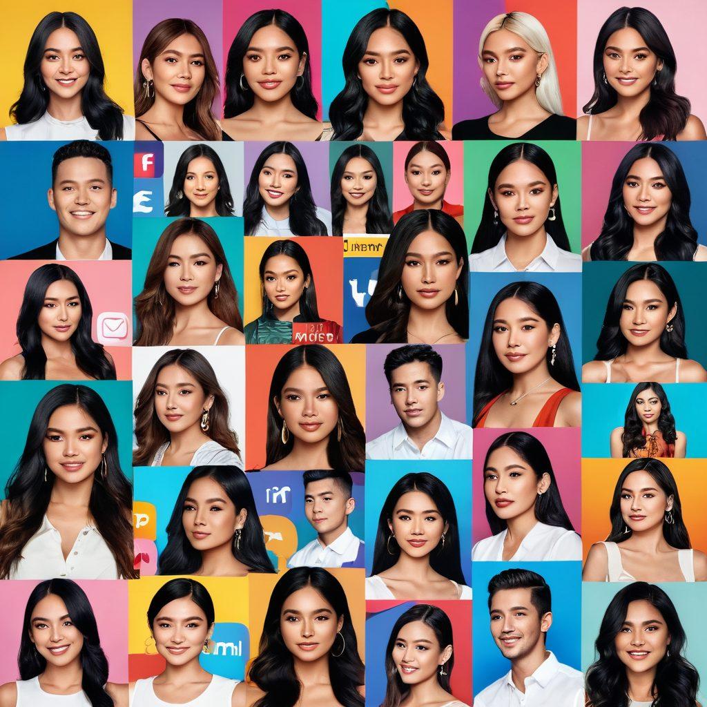 A vibrant collage of Filipina celebrities engaging with social media, surrounded by trending topics like fashion, beauty, and entertainment. Iconic Instagram, Facebook, and TikTok logos are seamlessly integrated into the background, with dynamic speech bubbles showcasing viral stories. Use bright colors and modern typography to create an energetic and stylish feel. The composition should evoke excitement and relevance in the world of social media. vibrant colors. modern graphic design.