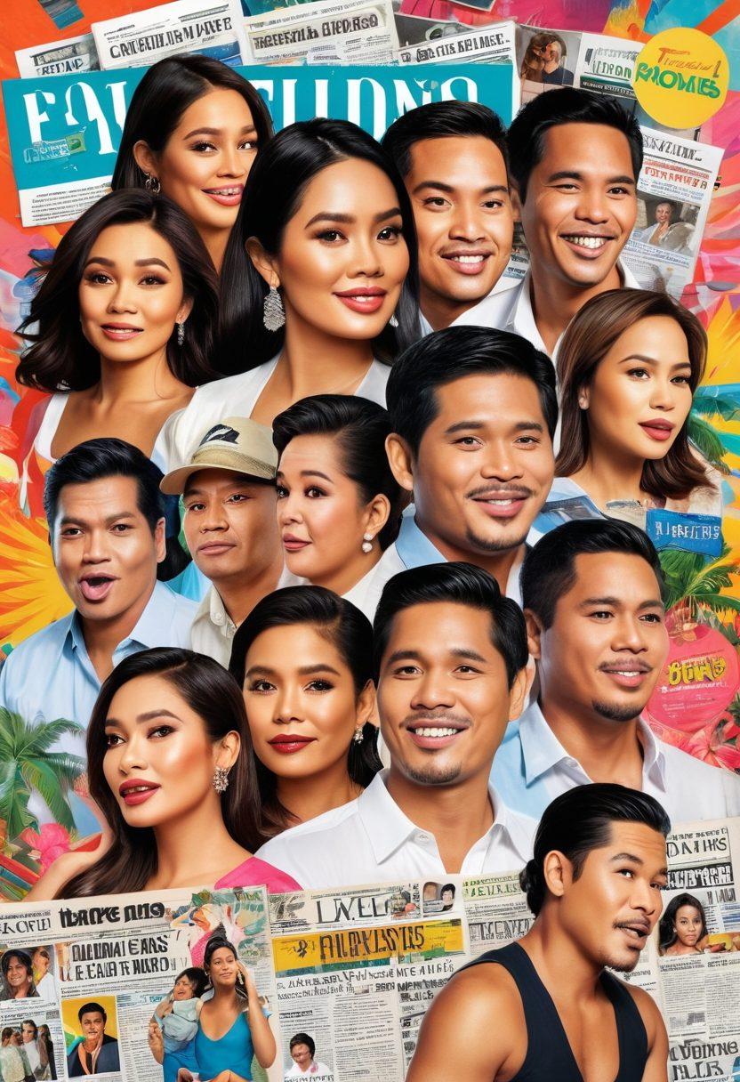 A vibrant newspaper collage titled 'From Rumors to Reality', featuring colorful magazine covers of Filipino celebrities, surrounded by speech bubbles filled with gossip headlines. Include dramatic poses of the celebrities and a tropical background reflecting the Philippines. The imagery should evoke excitement and intrigue. colorful collage. super-realistic. vibrant colors.